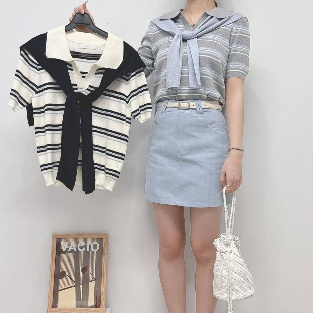 正韓翻領條紋附披肩上衣$990 (1)