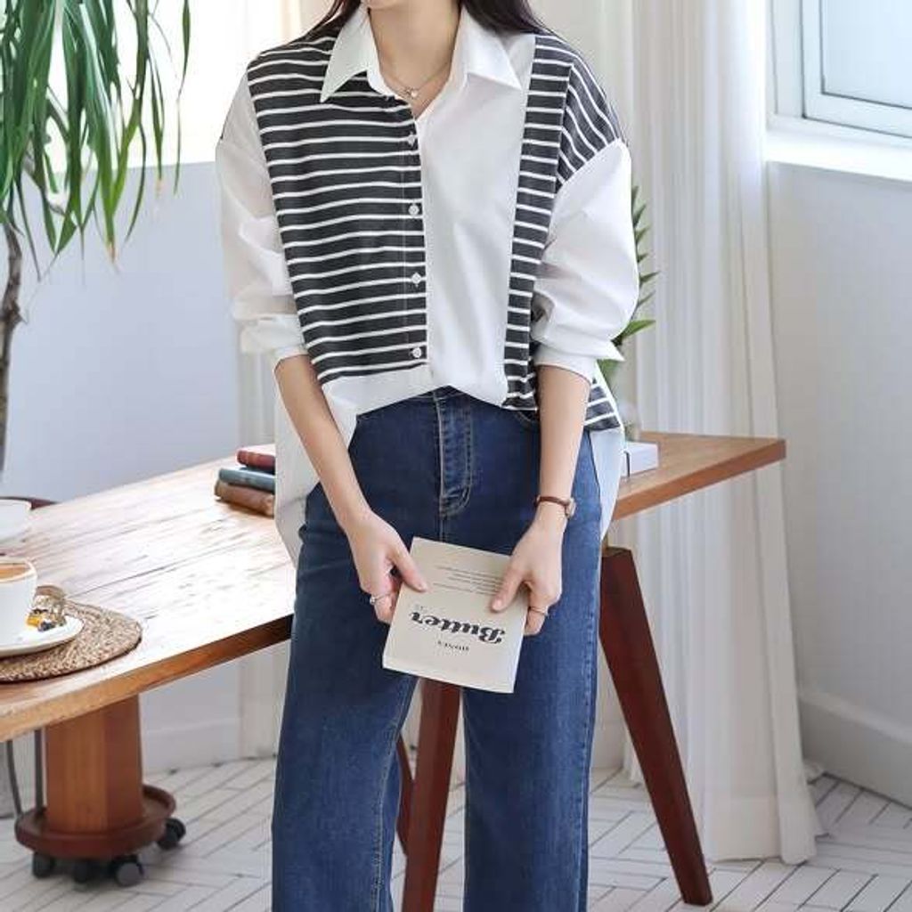 正韓不對稱拼色條紋襯衫上衣｜$1380 (4)