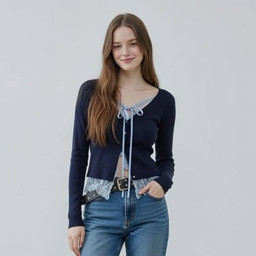 正韓法系浪漫拼接蕾絲透紗蝴蝶結綁帶罩衫上衣-198