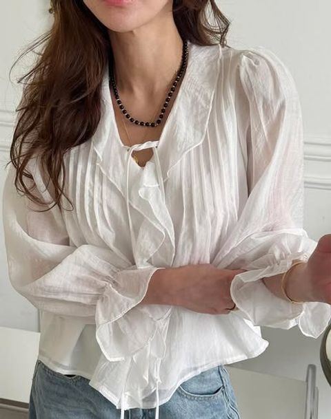 正韓浪漫V領荷葉壓摺綁帶上衣 $795 (1)