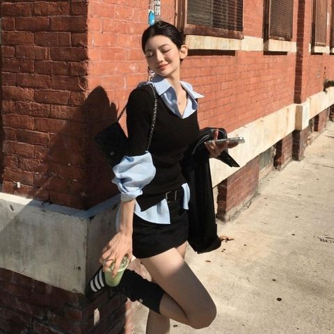 正韓V領細羅紋短袖針織上衣$980 (6)