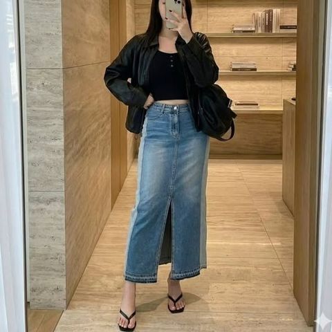 正韓撞色前開衩牛仔裙-168 (2)