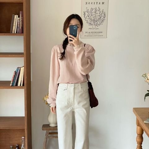 正韓點點透紗荷葉滾邊領澎袖上衣｜$1180 (2)