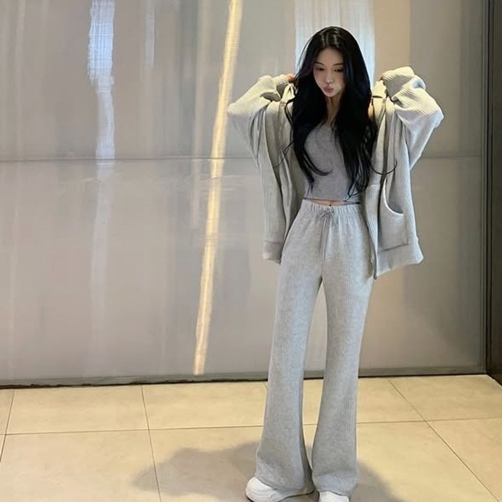 正韓坑條針織棉連帽外套&靴型長褲 套裝-148 (1)