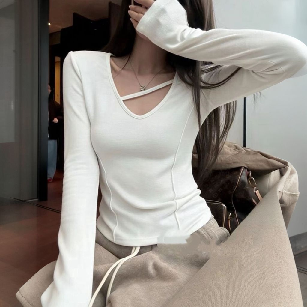 正韓斜線條V領修身壓線長袖T恤上衣$495 (2)