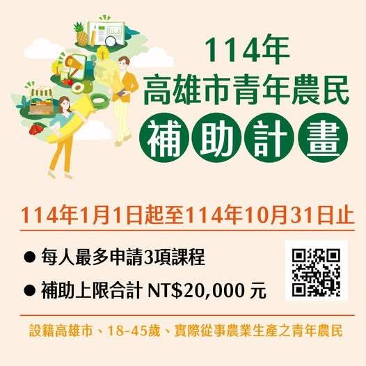 114年高雄市青年農民培育補助計畫  資金問題別擔心！