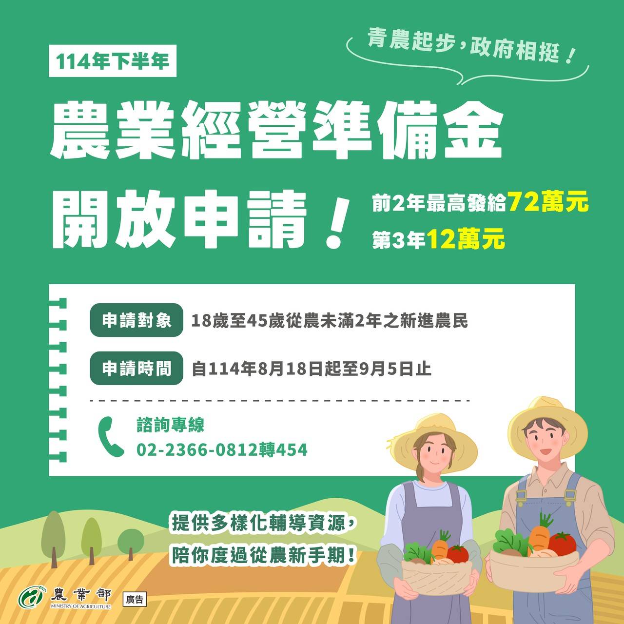 114年下半年農業經營準備金開放申請！青農起步，政府相挺！