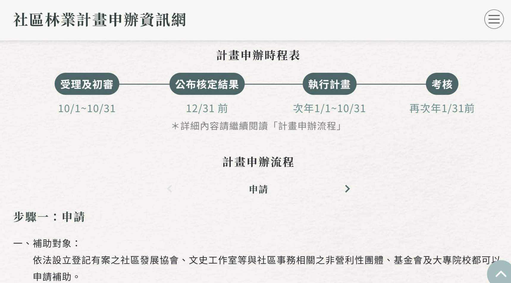 申請計畫 社區林業計畫\食農教育 包含「農、林、漁、牧」\每年 10/1～10/31 受理提案申請