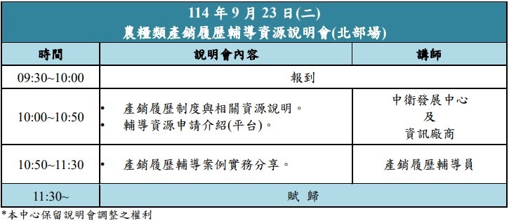 產銷履歷輔導資源說明會| 114年9月23日|桃園區農業改良場交誼廳