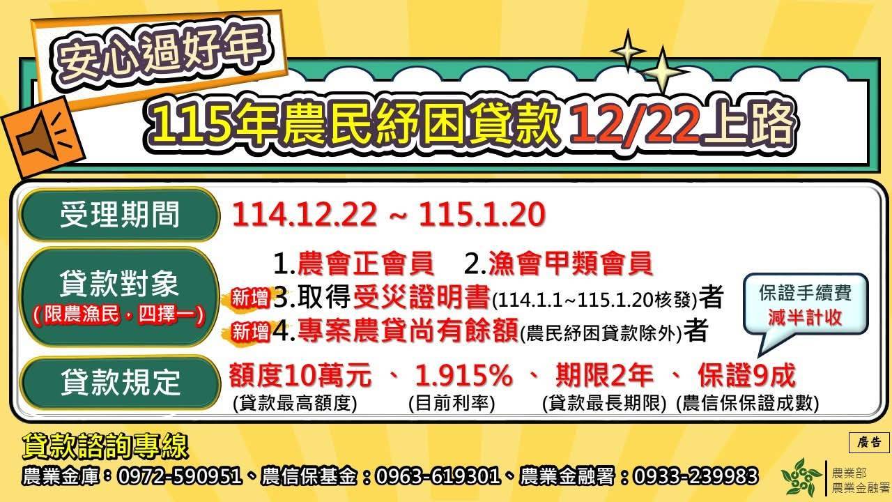 緩解經濟壓力，安心過好年！115年農民紓困貸款開始受理申請_農業部