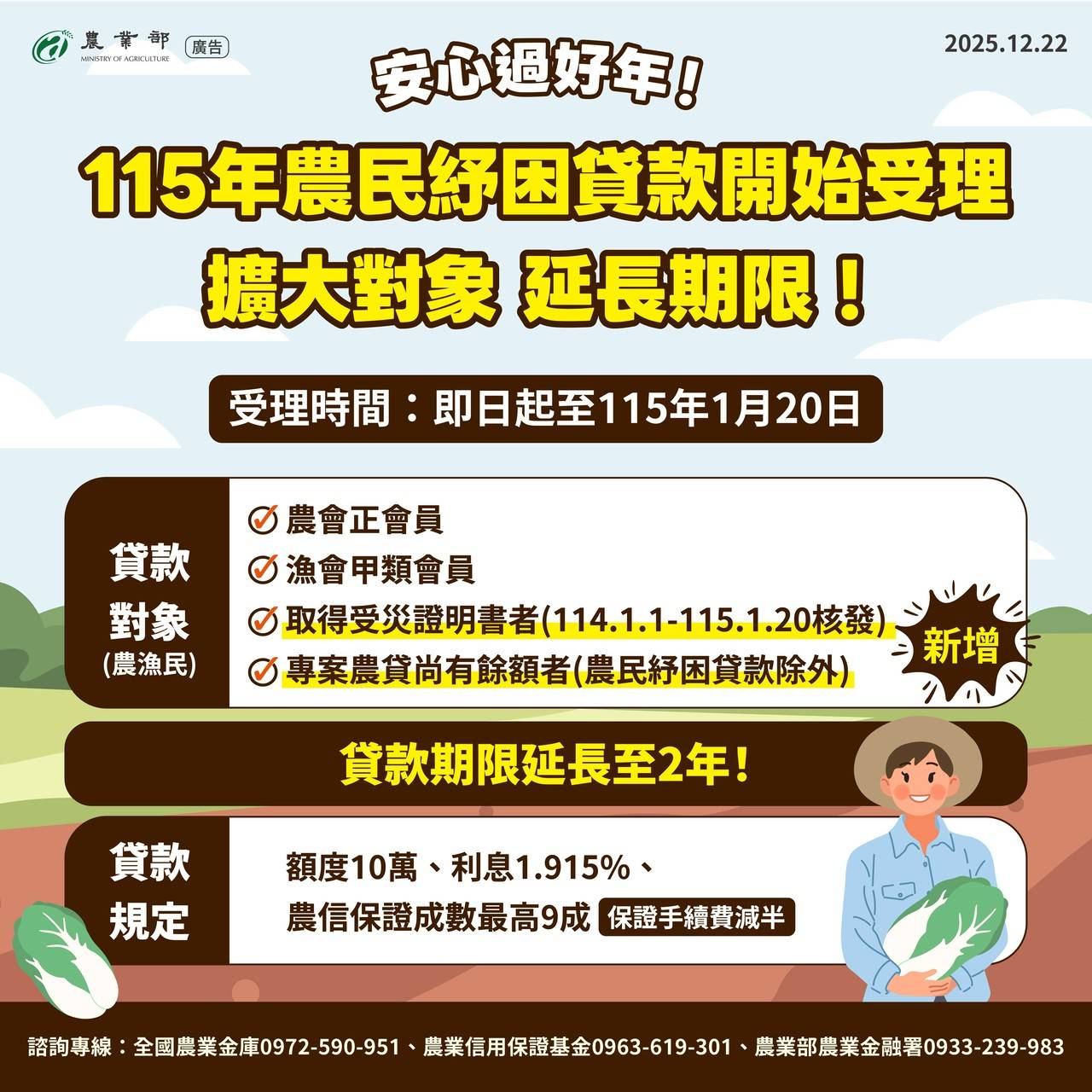 緩解經濟壓力，安心過好年！115年農民紓困貸款開始受理申請_農業部2