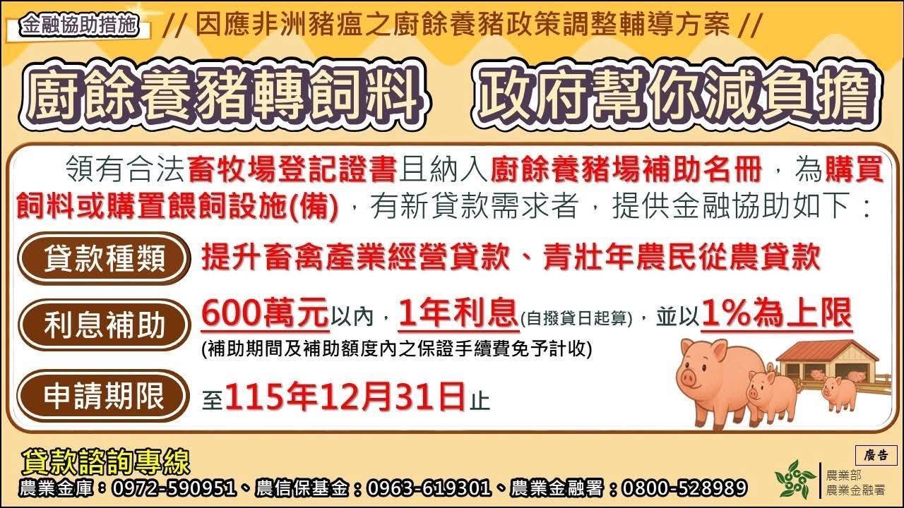 協助廚餘養豬場全面轉型 農業金融支持措施減負擔_農業部