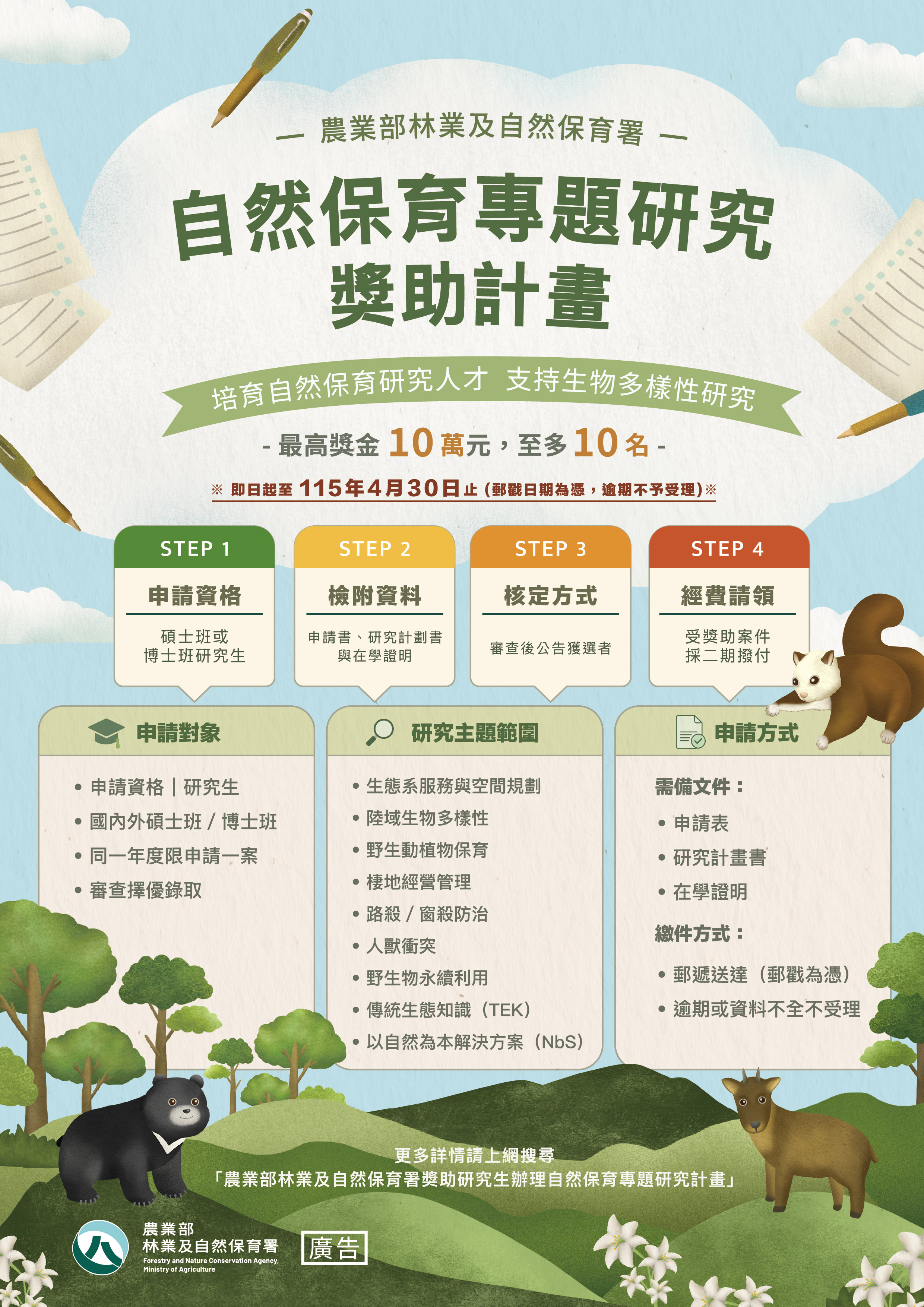 【 研究經費不夠？我們來幫你補！】 自然保育研究獎助金 開放申請啦