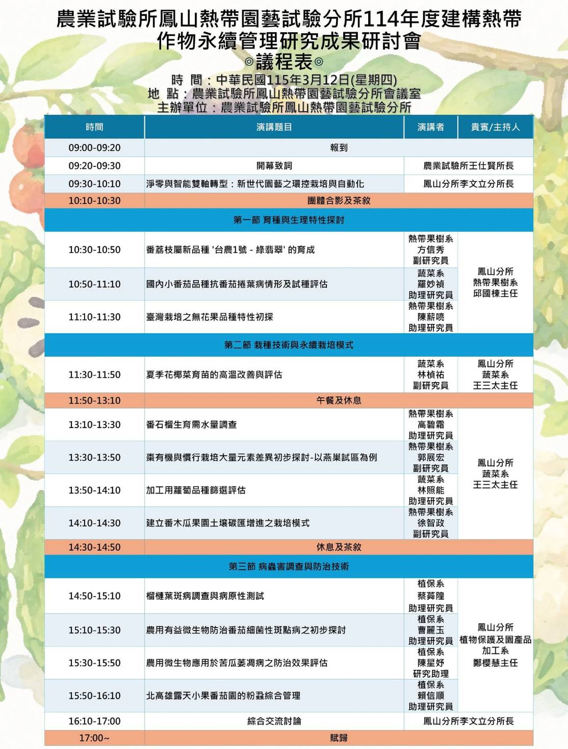 鳳山熱帶園藝試驗分所的年度重頭戲「建構熱帶作物永續管理研究成果研討會」