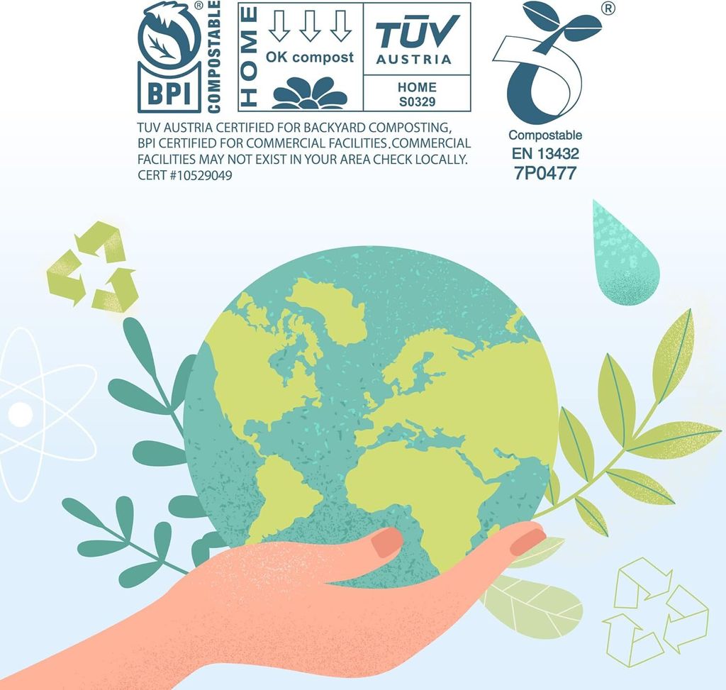 德國TUV＆美國 BPI 雙重可堆肥認證，本產品符合美國ASTM D6400 及歐盟EN 13432可堆肥標準，100%自然分解成二氧化碳及水_沐霓青
