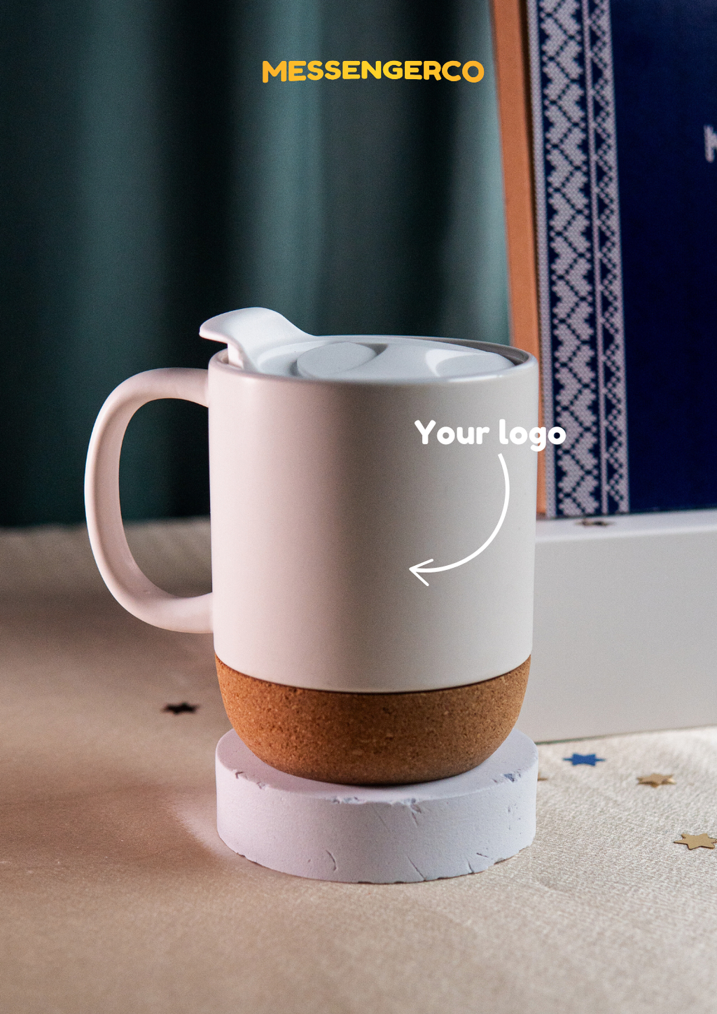 eco-friendly ceramic mug with cork base and logo