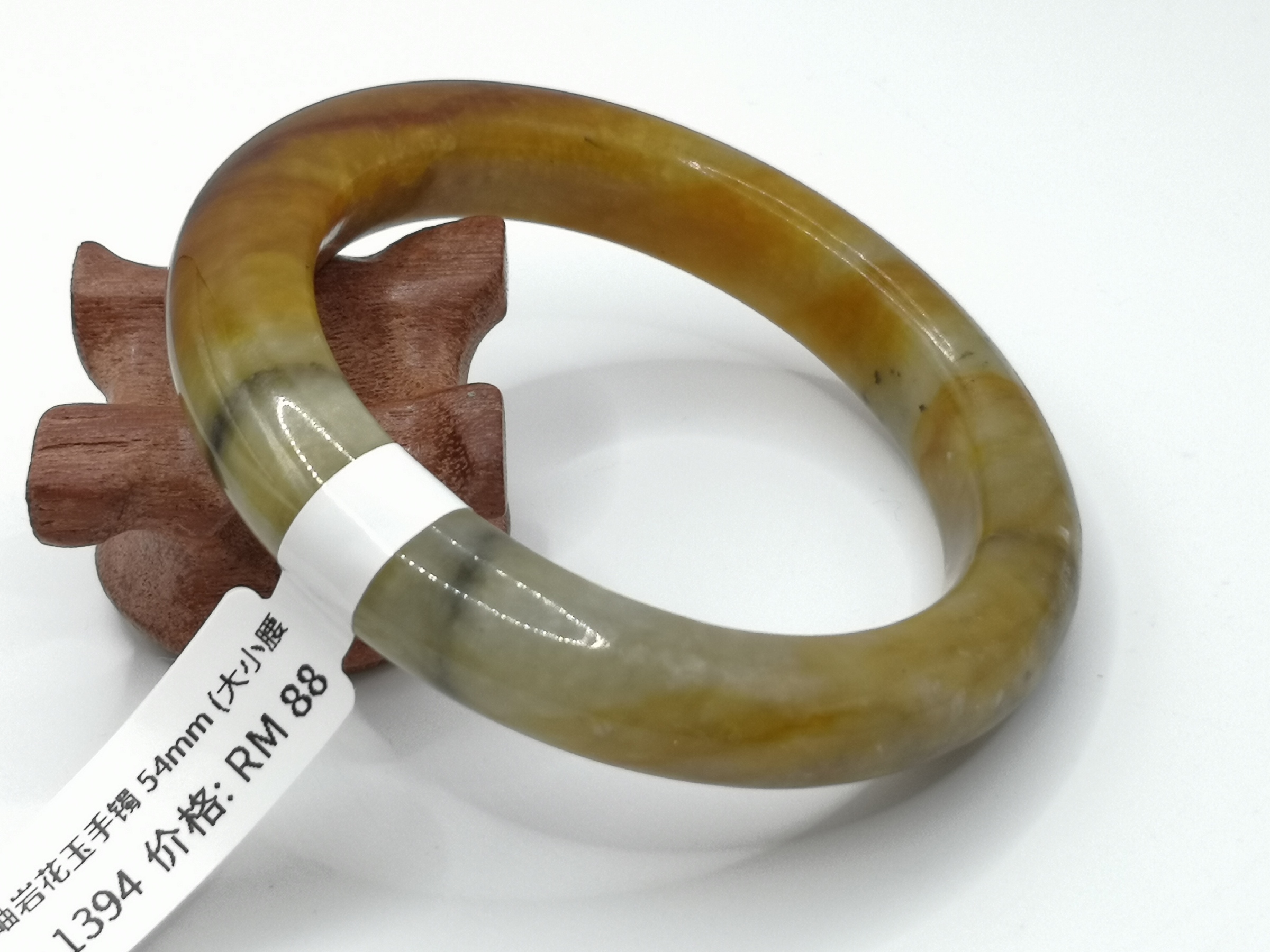 🍀 B1394 - Natural Serpentine Jade Bangle 54mm (Large Small Waist) 天然岫岩花玉手镯 54mm (大小腰）