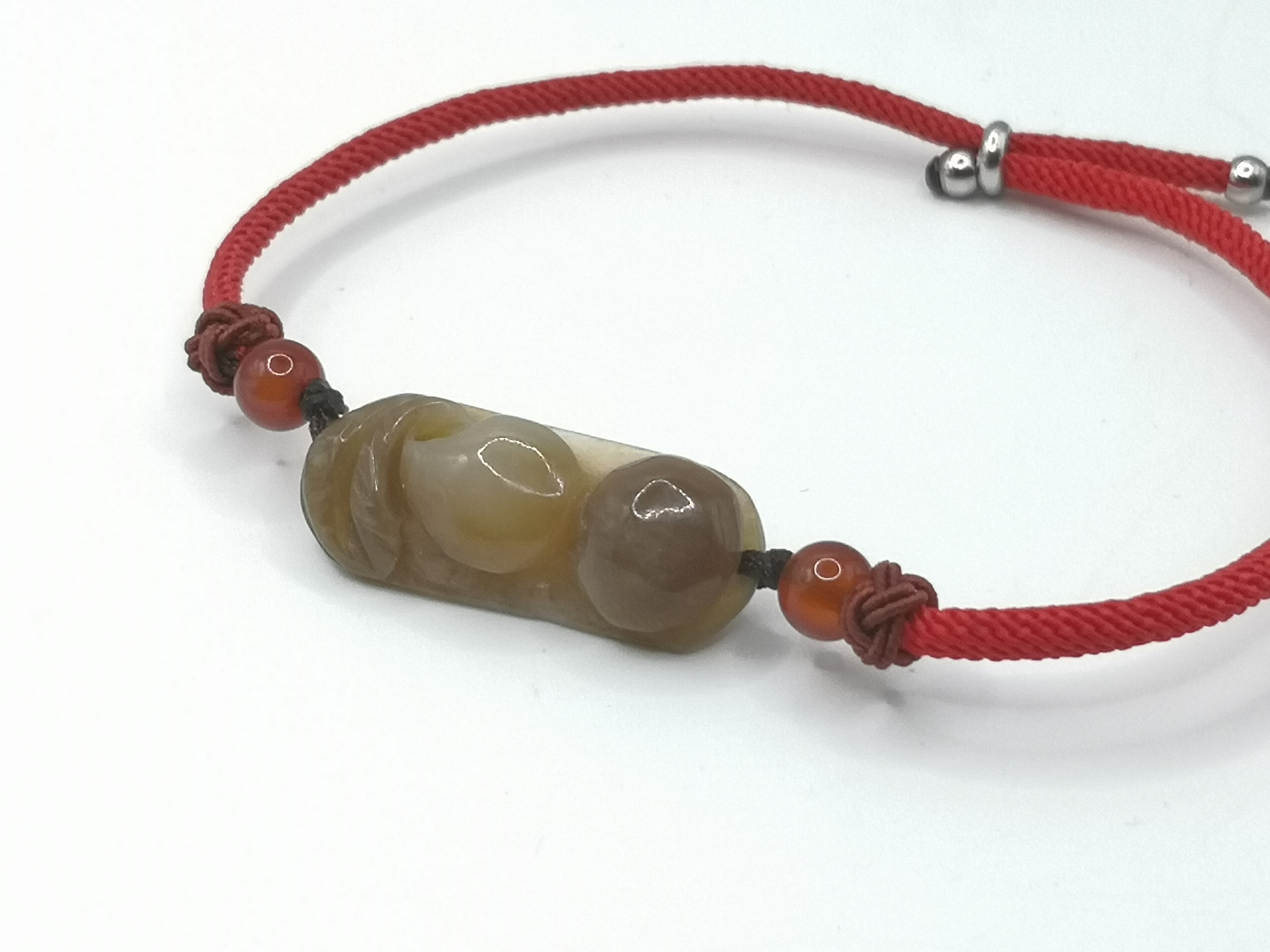 🍀 C123 - Natural Serpentine Jade Curved Hand Row Braided Bracelet 天然岫岩红糖色雕 葫芦 手排 编织手绳 手链