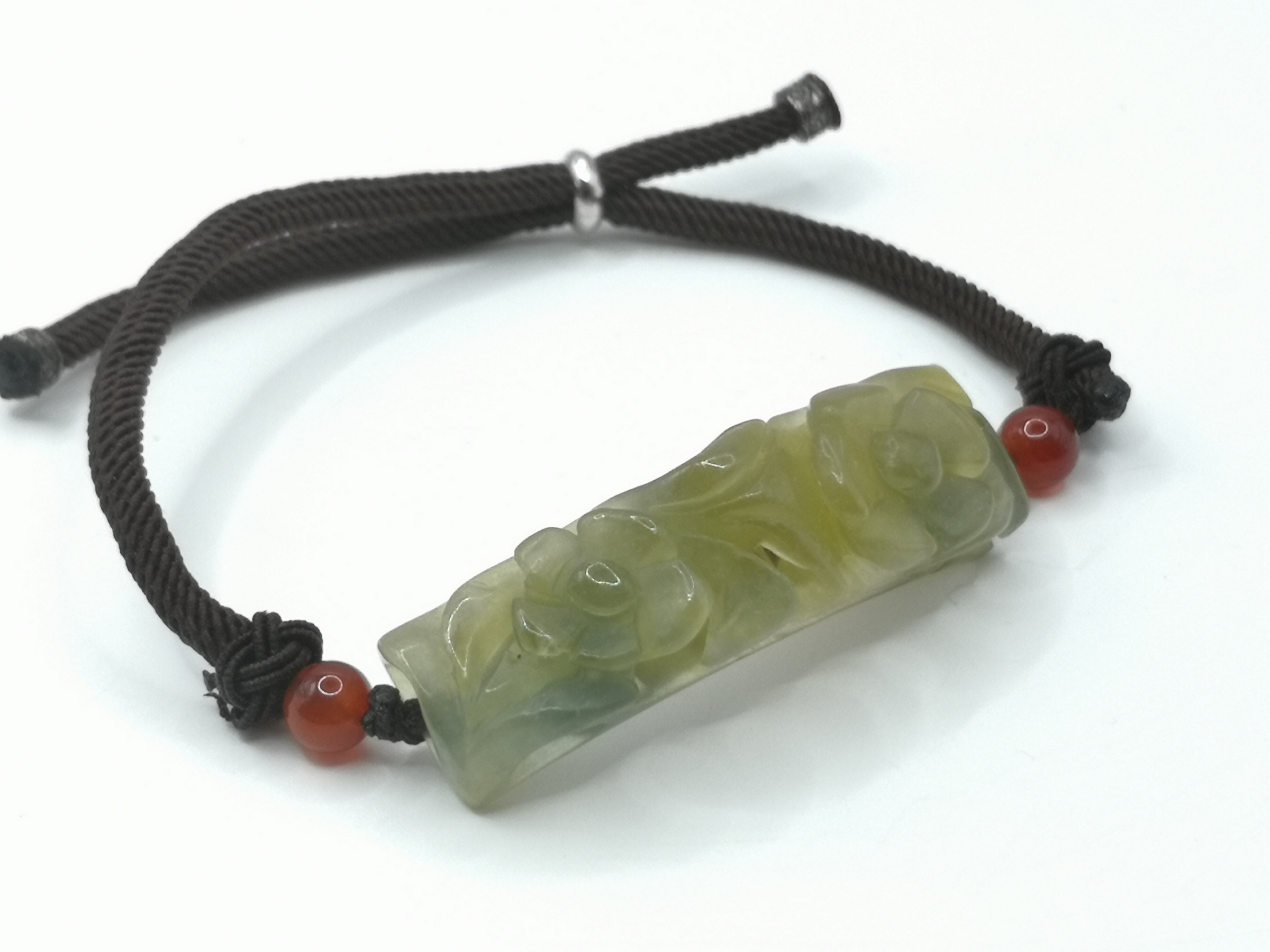 🍀 C119 - Natural Serpentine Jade Curved Hand Row Braided Bracelet (with certificate) 天然岫岩绿豆色 梅花 弯条手排 编织手绳 手链 (附证书)1561