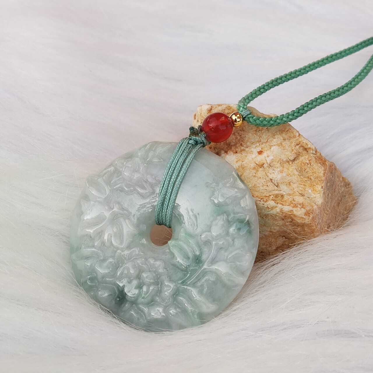 🍀 P099 - Natural Jade Peace Buckle Pendant With Necklace Rope (with certificate) 天然翡翠平安扣 