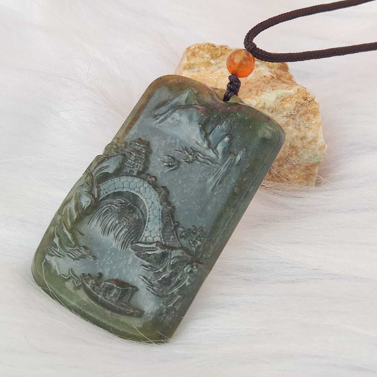 🍀 P110 - Natural Serpentine Jade Pendant With Necklace Rope 天然岫玉深绿山水吊坠 配项链绳