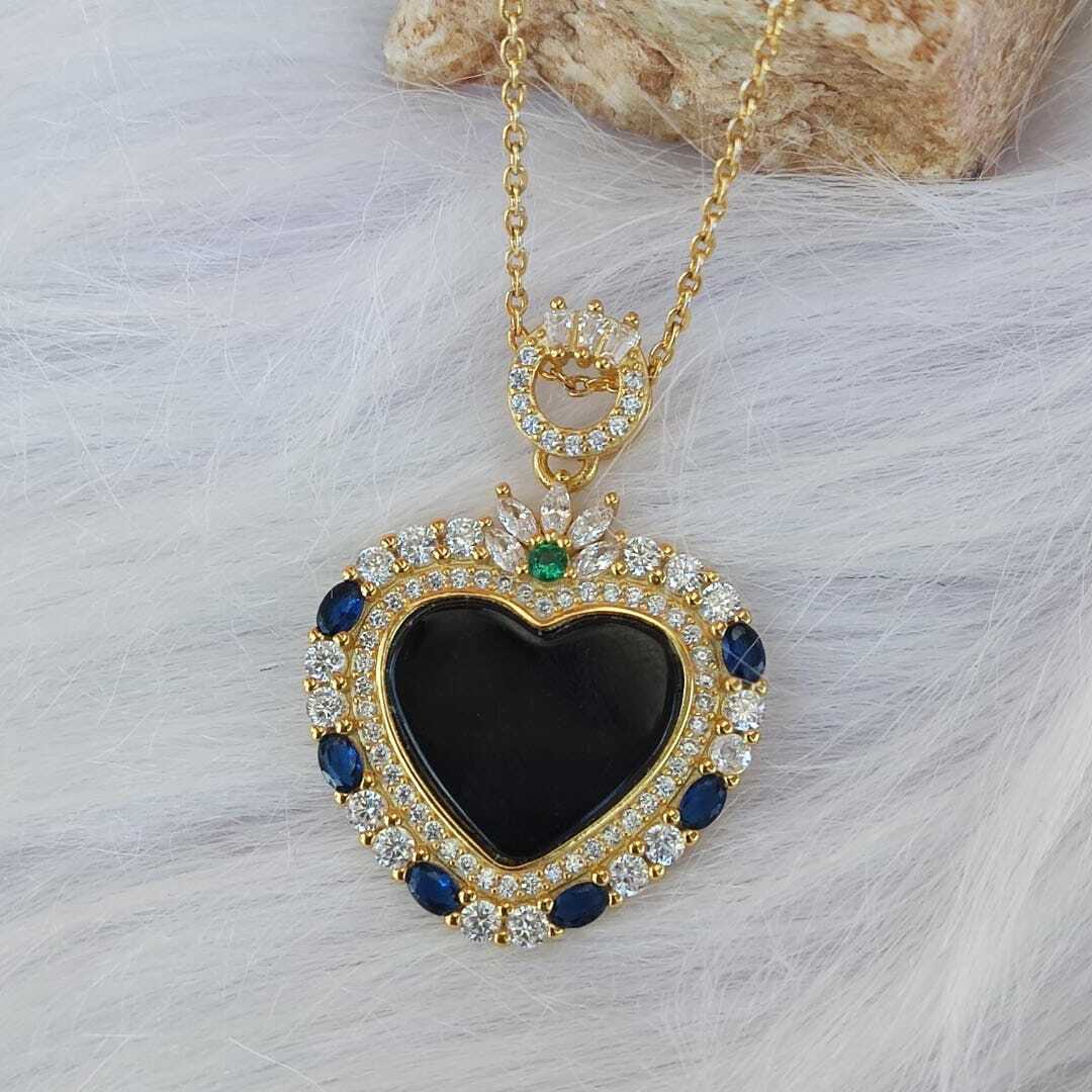 🍀 P143 - Natural Ink Green Jade Love Heart Shape Pendant Inlaid Zircon with 14K Gold Necklace 天然墨翠 爱心 吊坠 镶嵌锆石 配14K金项链