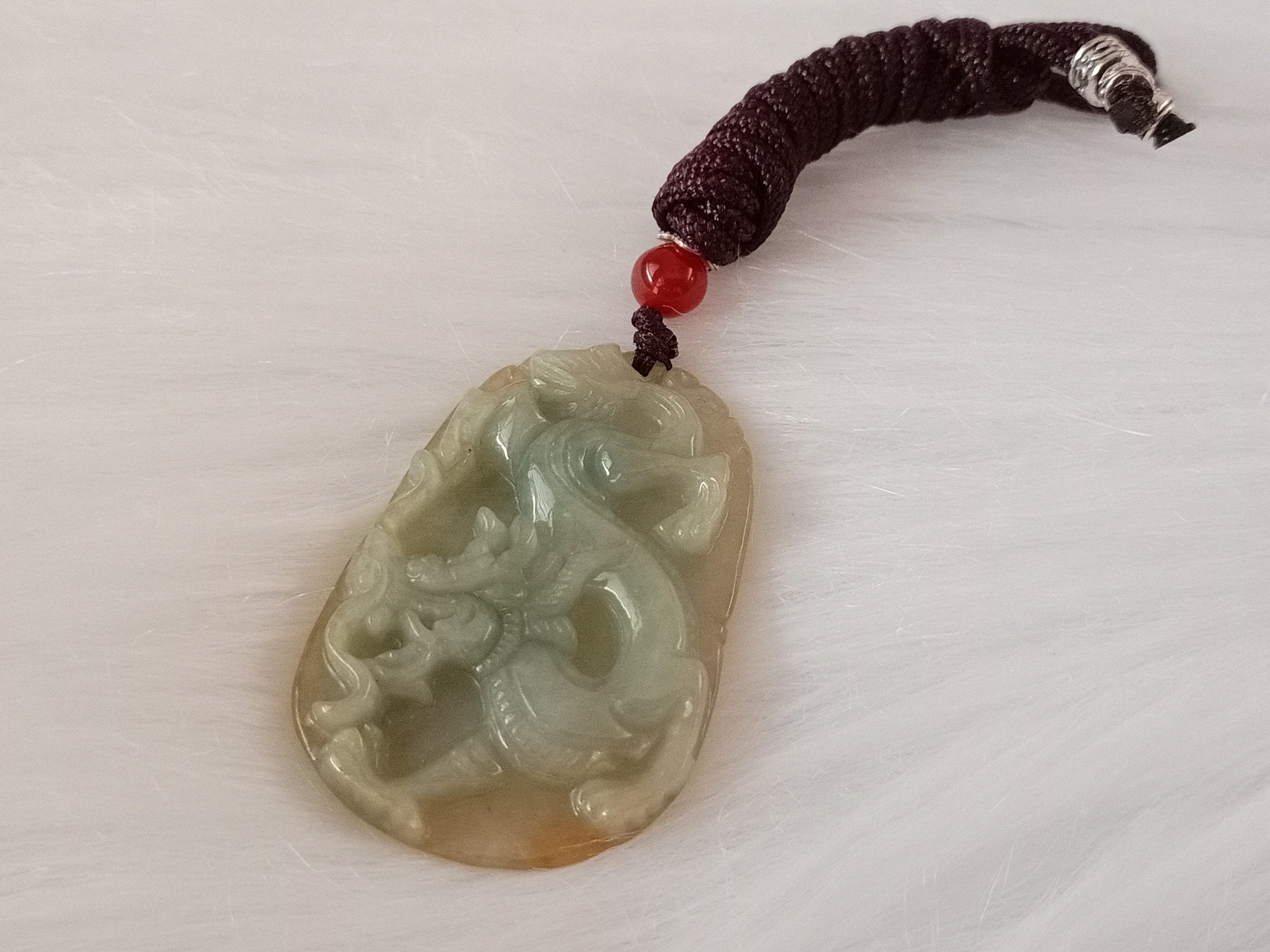 🍀 P179 - Natural Myanmar Jadeite Jade '' Dragon '' Pendant with Necklace Rope 天然缅甸翡翠A货双色黄飘蓝 