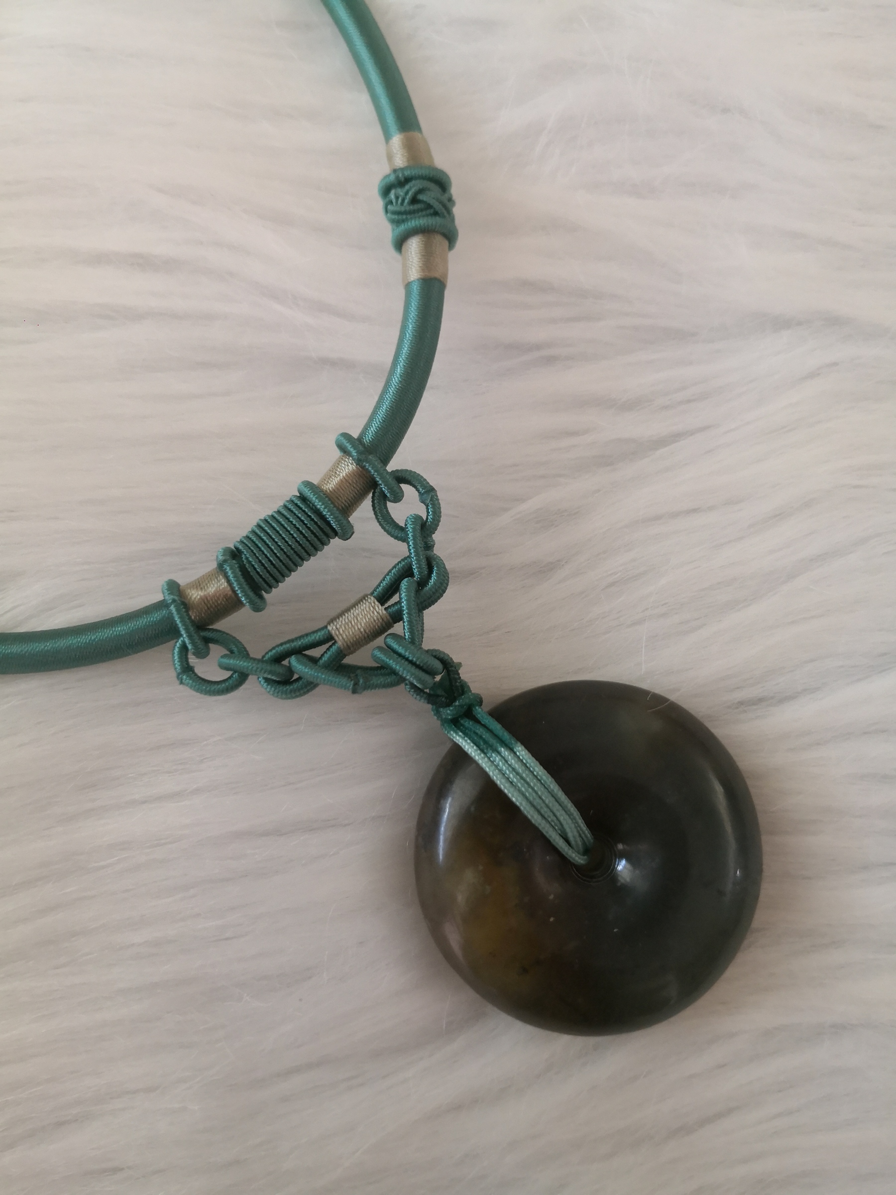 🍀 N010 - Natural Serpentine Jade Pendant With Vintage Necklace Rope Collar (Slightly flawed) 天然岫岩岫玉 平安扣 吊坠配复古项链绳项圈