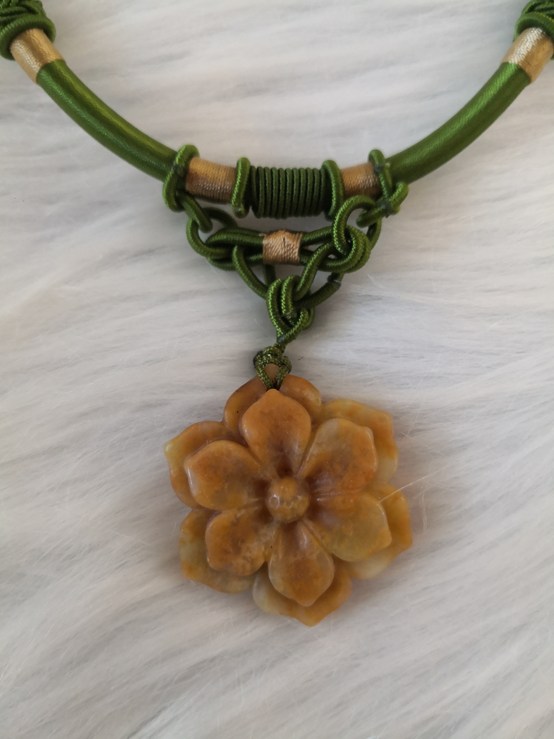 🍀 N015 - Natural Serpentine Jade Pendant With Vintage Necklace Rope Collar 天然岫岩岫玉 