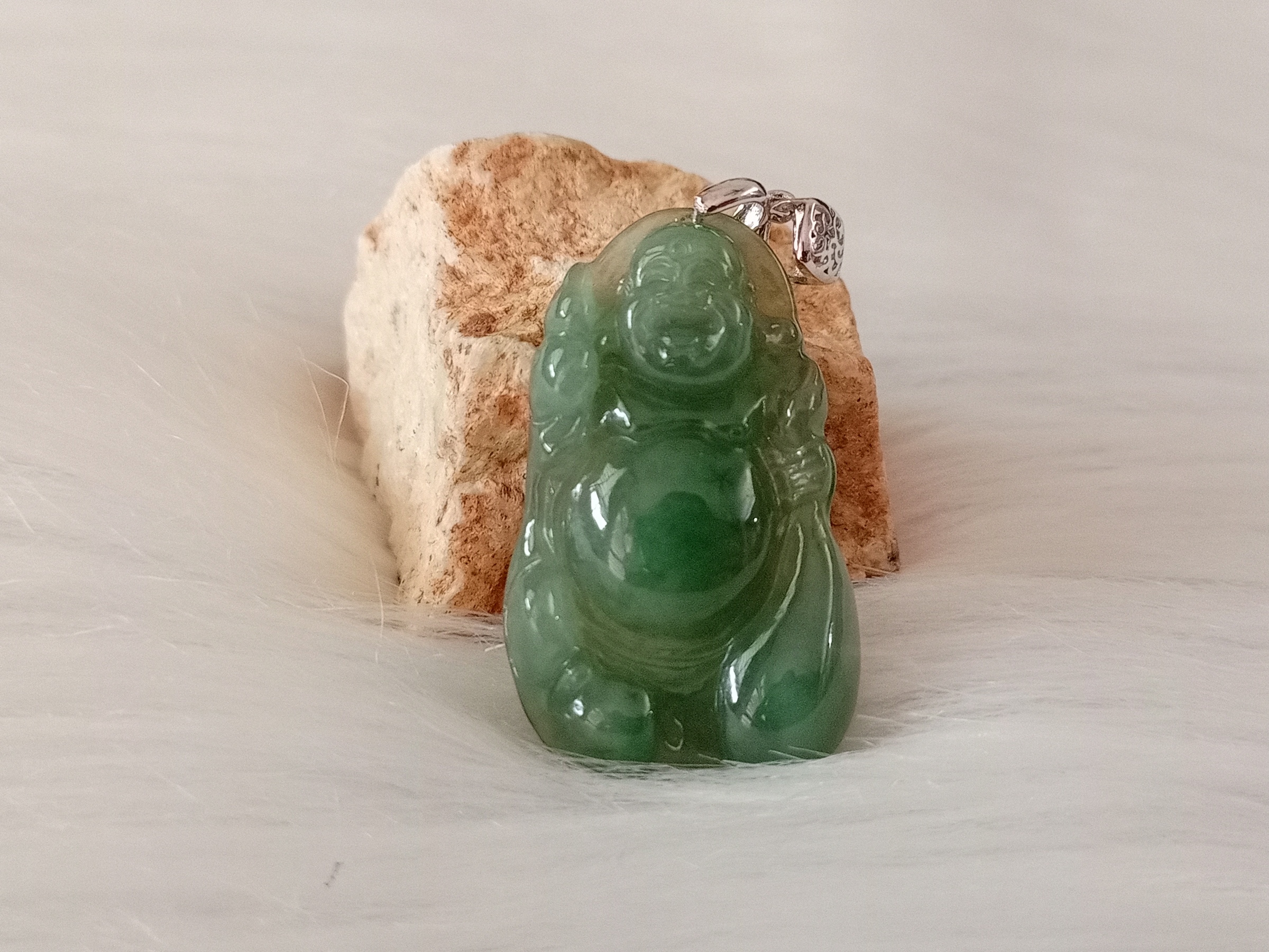 🍀 P244 - Natural Myanmar Jadeite Jade Laughing Buddha Pendant with 925 silver pendant buckle head 天然缅甸翡翠A货满绿 笑佛 佛公吊坠