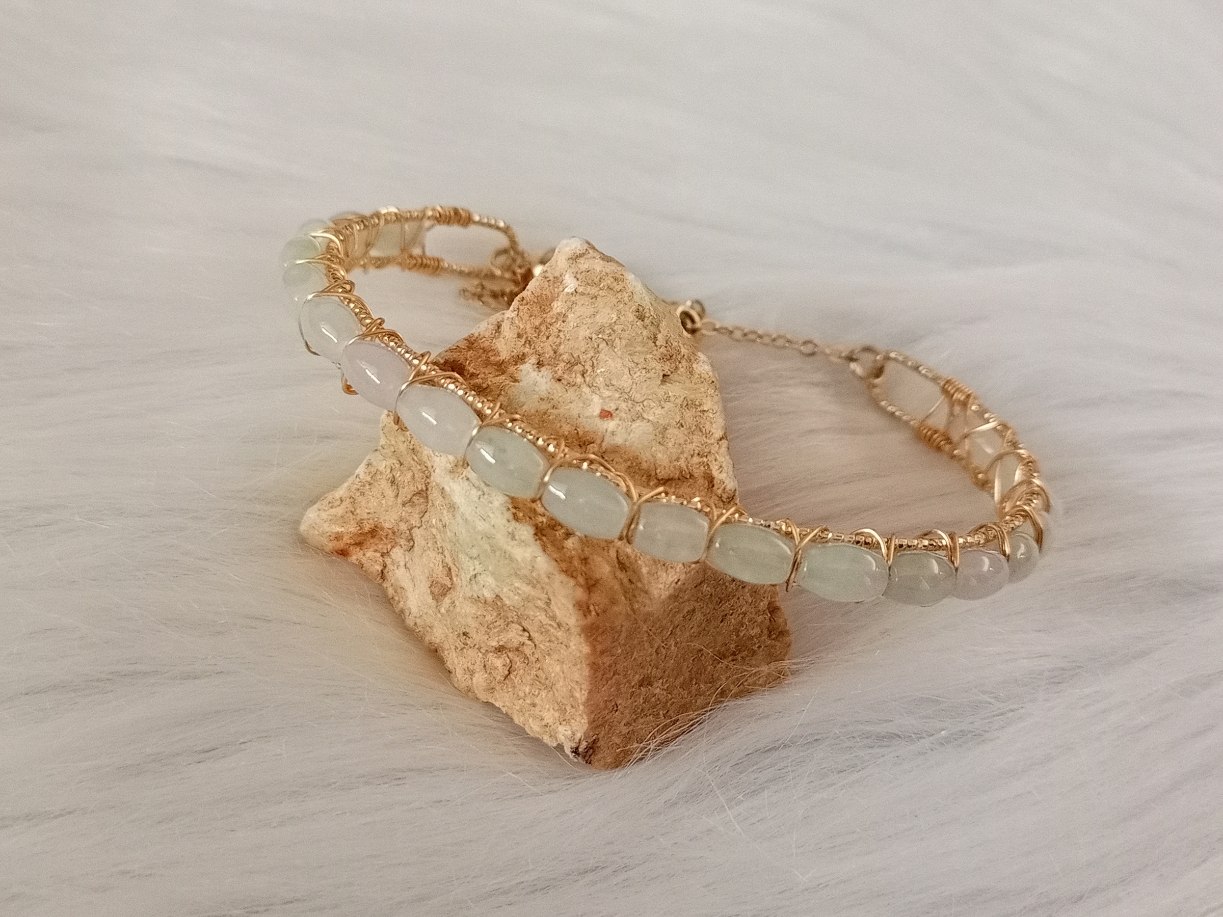🍀 C163 - Natural Myanmar Jadeite Jade Bracelet with 14K Gold Bracelet 天然缅甸翡翠A货白冰 玉手环 配14K金手链