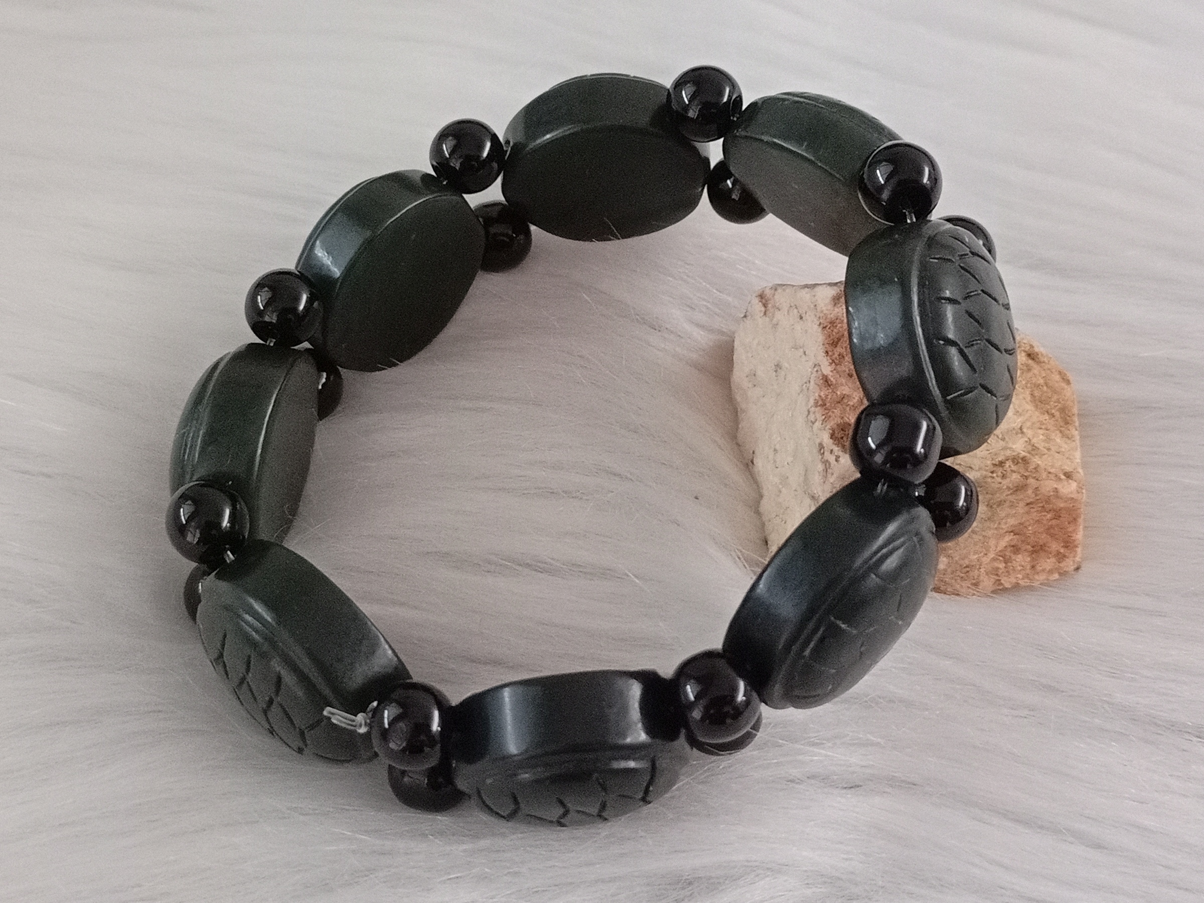 🍀 C206 - Natural Nephrite Jade Hetian Jade Hand Row Bracelet (with certificate) 天然和田玉深绿色手排 手串 手链 (附证书)