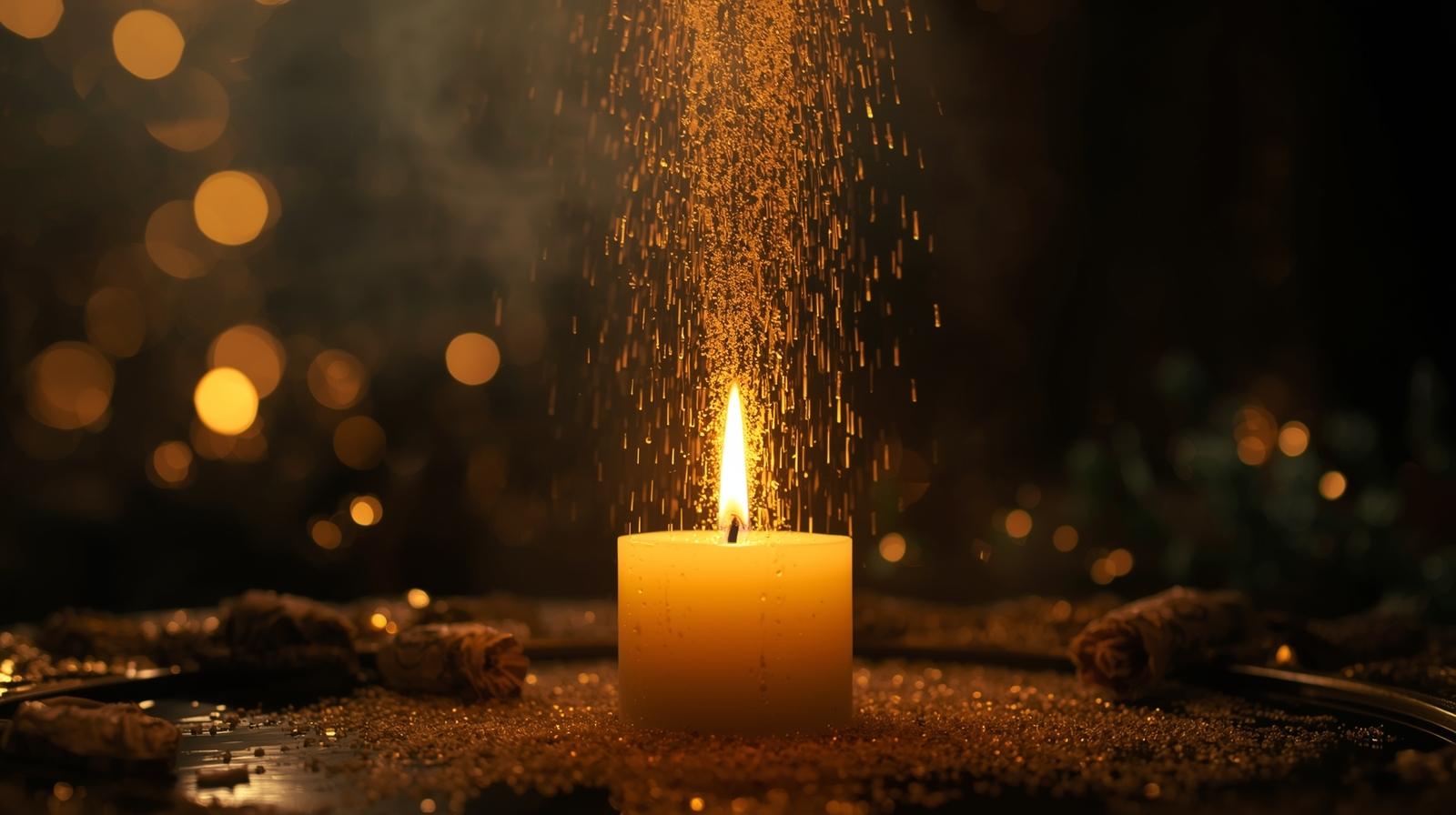 黃金雨財源流動蠟燭儀式_建議施行日期：月初／新月前三日／新月當晚／重要面試與商務決策前__▍準備物品_黃金雨魔法油__一根 金色、綠色或白色 的蠟燭__一張許願紙（寫願望用）__金色或綠色筆__一個耐火的小盤__鹽或月亮水少許（用於結束儀式淨化）__▍儀式步驟_① 安靜下來_找一個不受打擾的地方，以你最熟悉的方式淨化空間（香、鈴鐺、薰香水皆可）。雙手輕輕包覆蠟燭，深呼吸三次。想像金色的光芒從天頂流下，像溫暖細雨灑在你的肩頭，