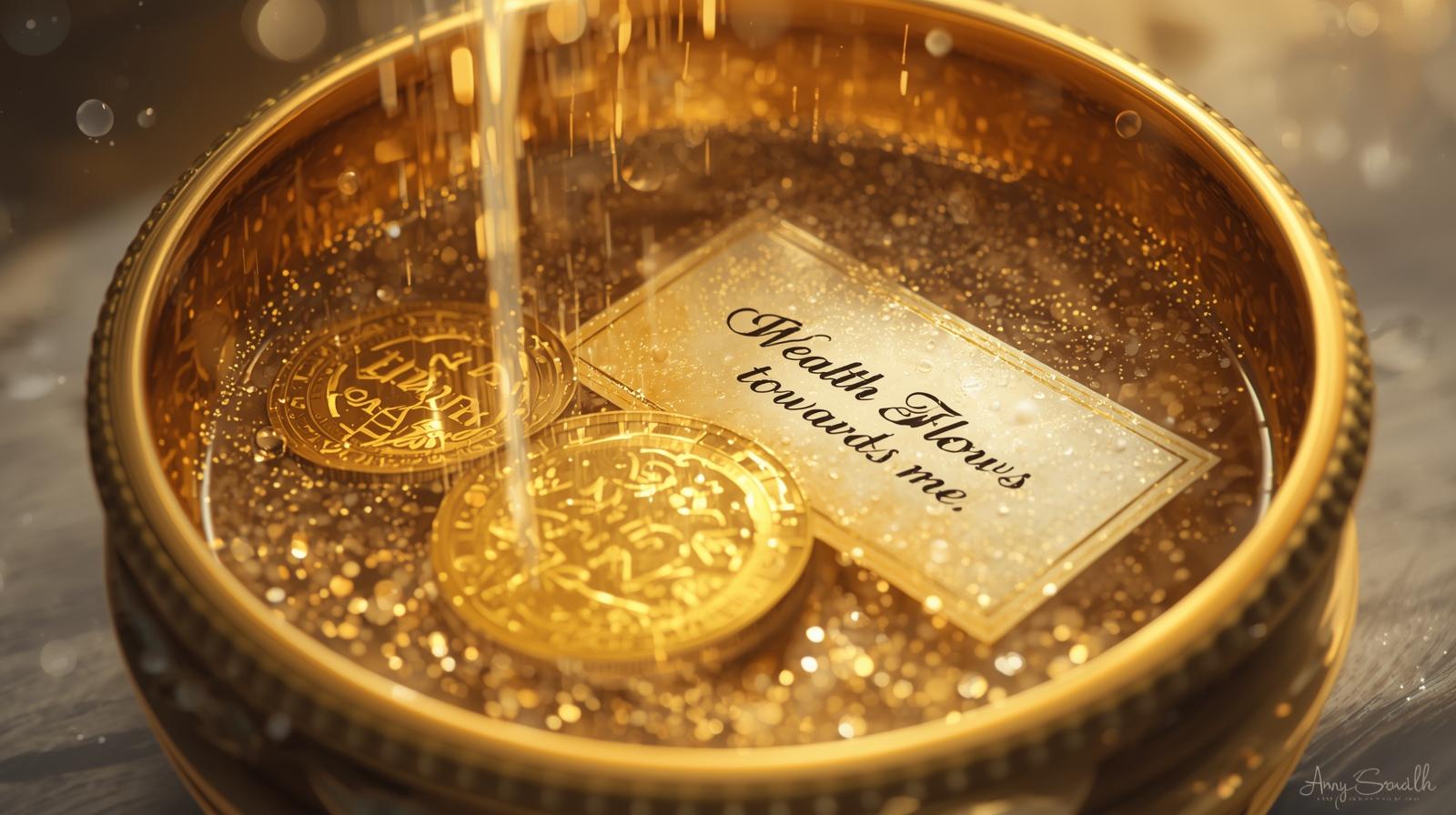 黃金雨財富碗_▍準備物品_小碗或玻璃杯__黃金雨魔法油__三枚硬幣__一張寫上「財富流向我」的小紙片__一點月亮水／乾淨清水__▍步驟_① 建立財富碗_在小碗中滴入 3 滴黃金雨魔法油，再加入水至 2_3 滿。放入三枚硬幣（象徵財富基石）。__② 放入願望紙_將寫好的願望紙折三次後放入碗中。__③ 祈請金雨_將雙手懸在碗上方，想像碗上方形成一朵金色的雲。然後緩緩「下雨」，小小細雨落入碗中，攪動像金流般的能量。__念誦 (2)