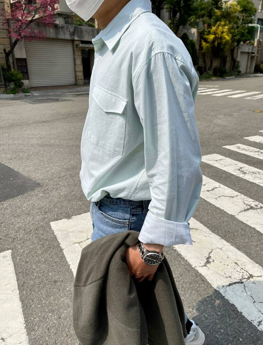 OPPAKOREA 半襟領口袋長袖襯衫 (3色)