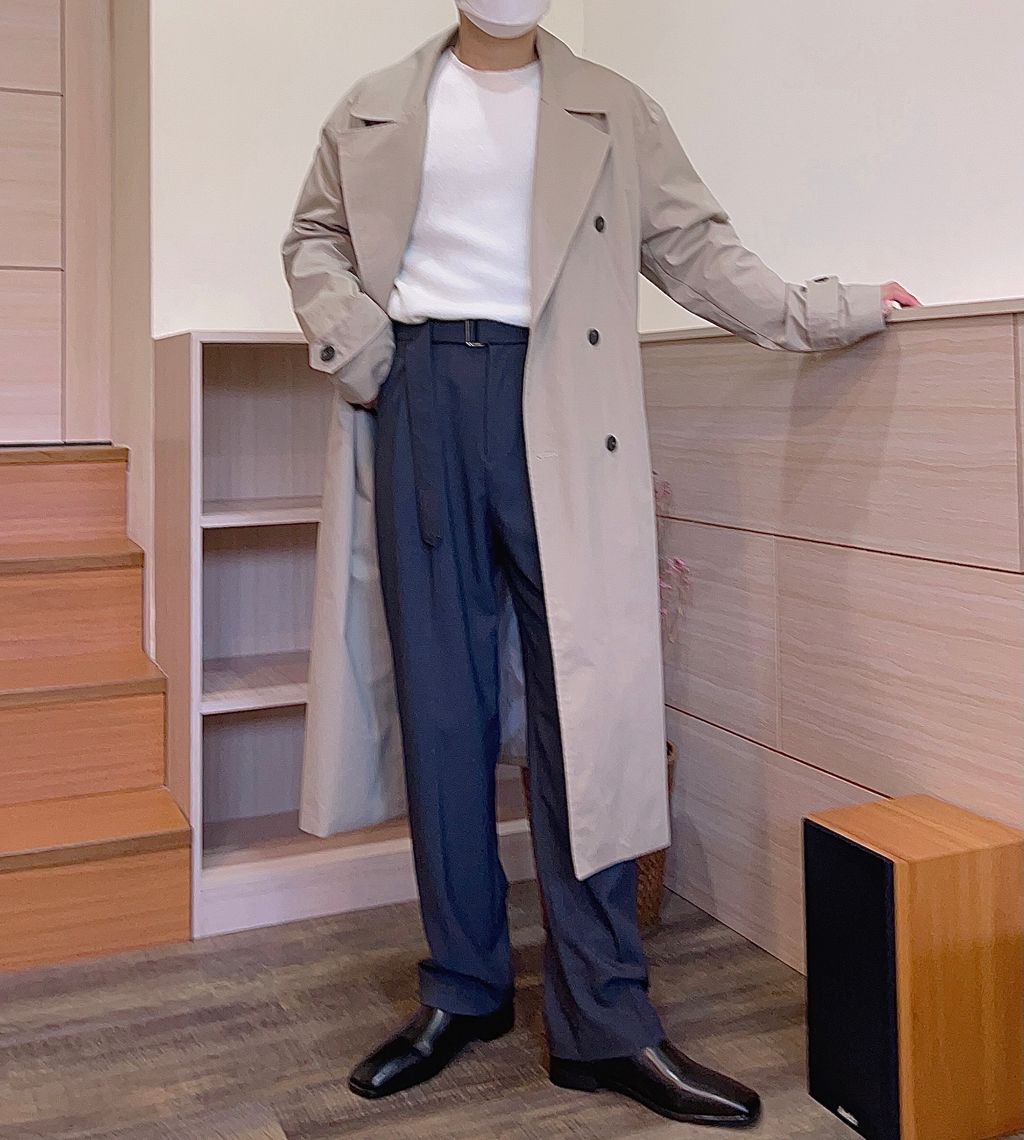OPPAKOREA 雙排釦綁帶長版風衣外套 (3色)