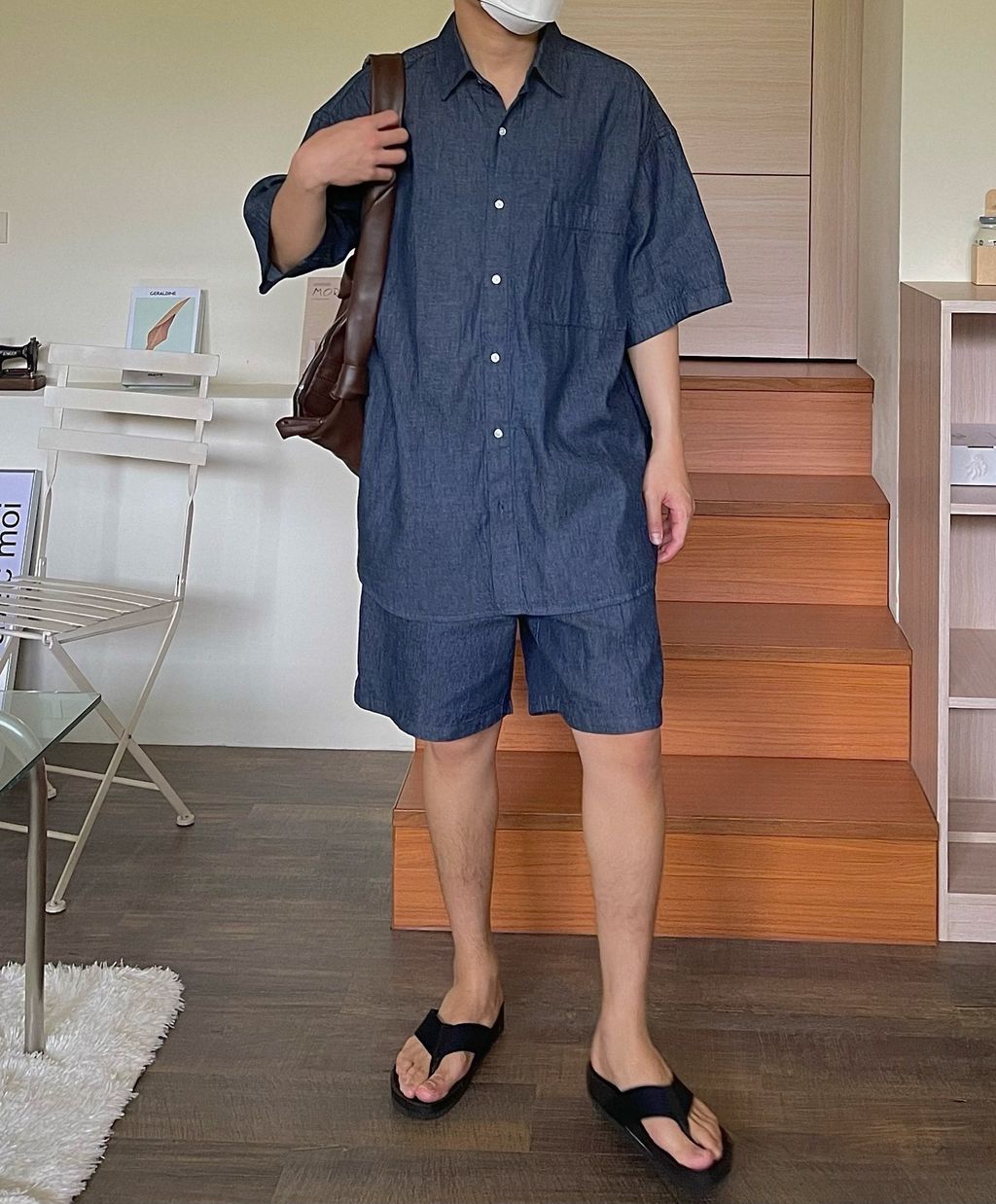 OPPAKOREA 亞麻牛仔短袖襯衫 (2色) (可搭配套裝)