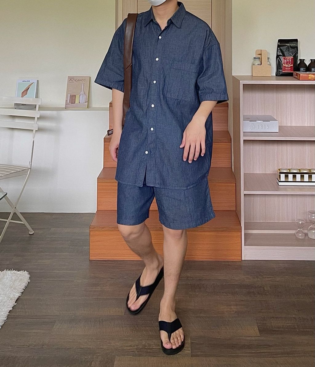 OPPAKOREA 亞麻牛仔短袖襯衫 (2色) (可搭配套裝)