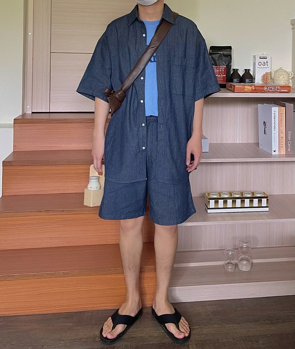 OPPAKOREA 亞麻牛仔短袖襯衫 (2色) (可搭配套裝)
