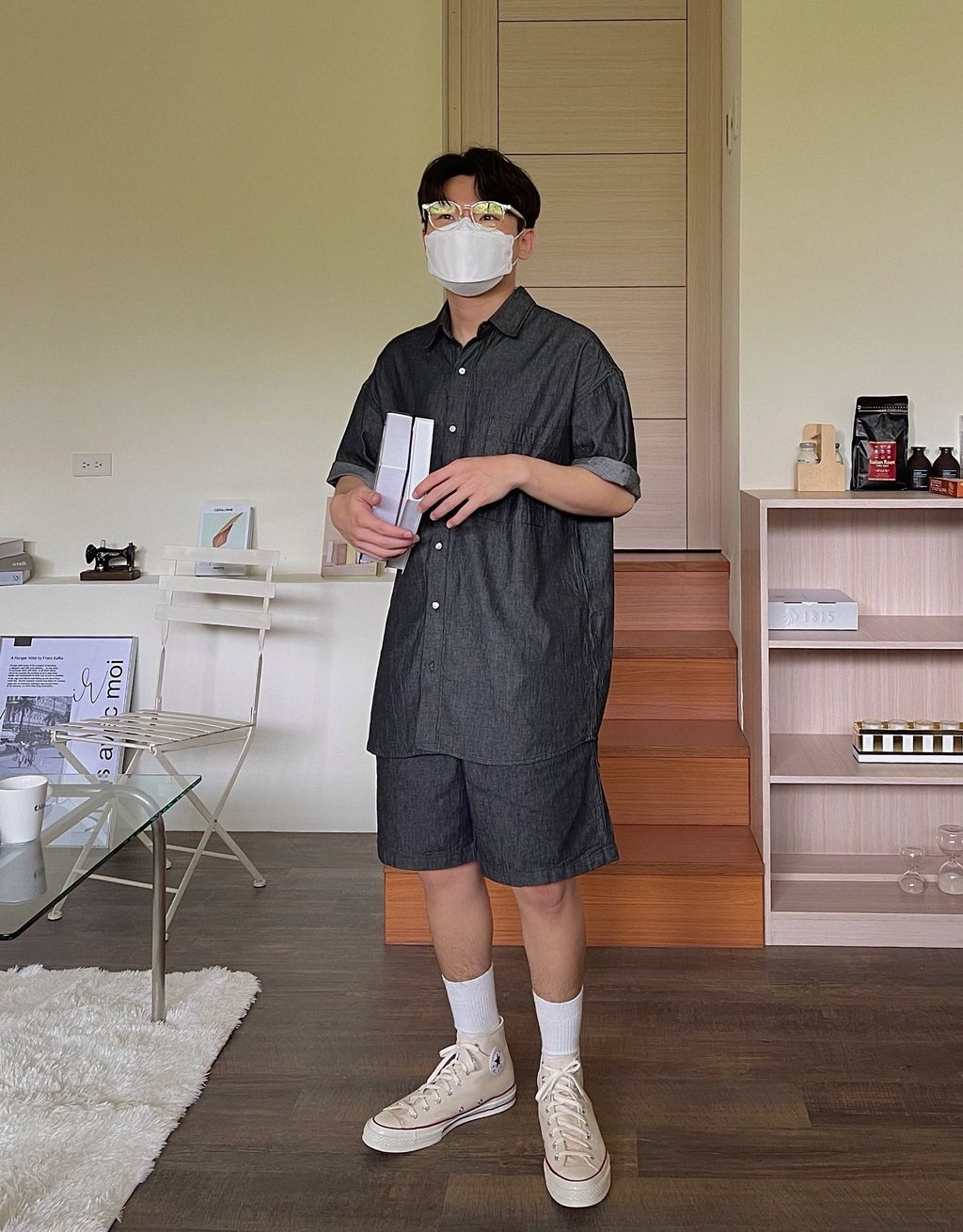 OPPAKOREA 亞麻牛仔短袖襯衫 (2色) (可搭配套裝)