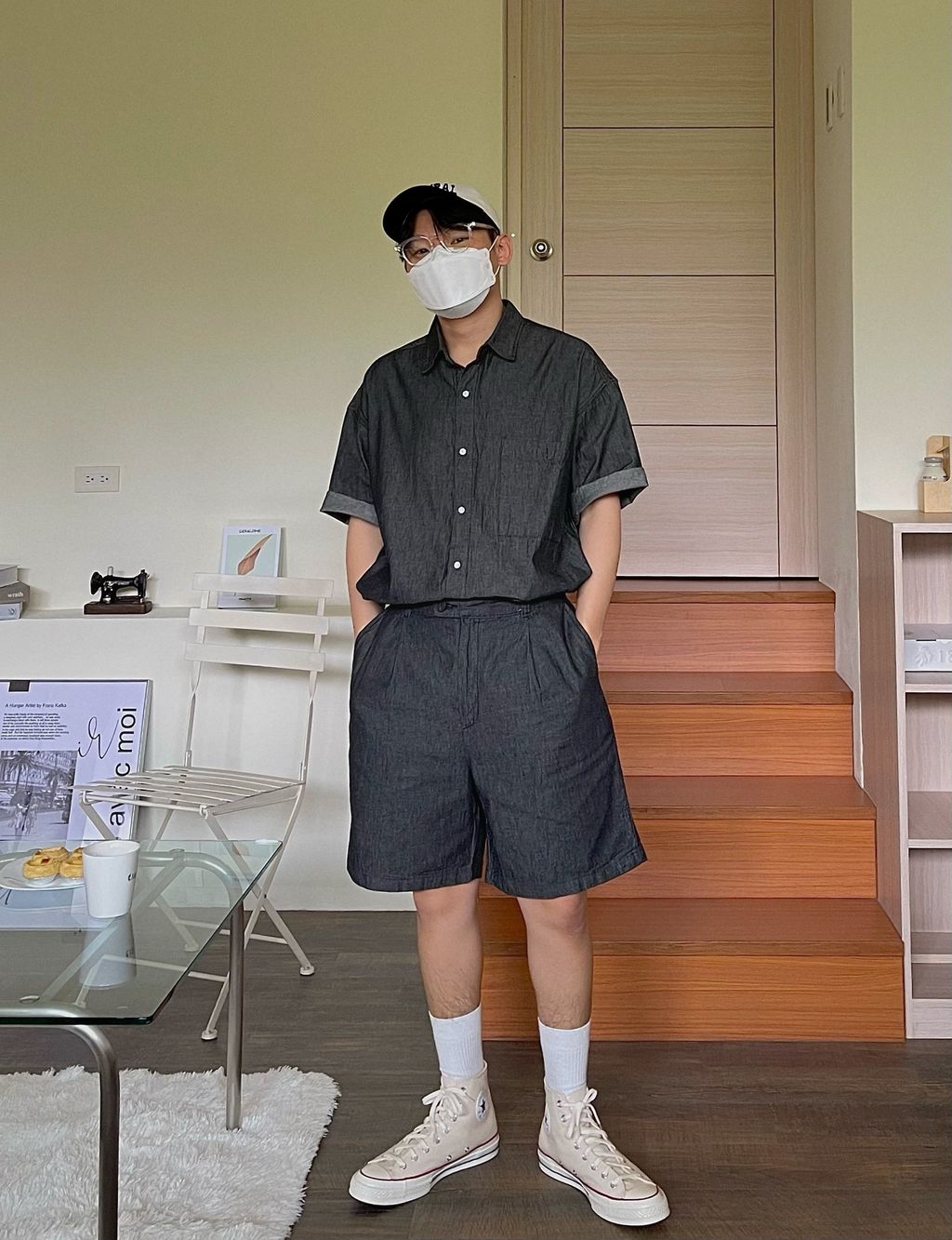 OPPAKOREA 細褶亞麻牛仔短褲 (2色) (可搭配套裝)