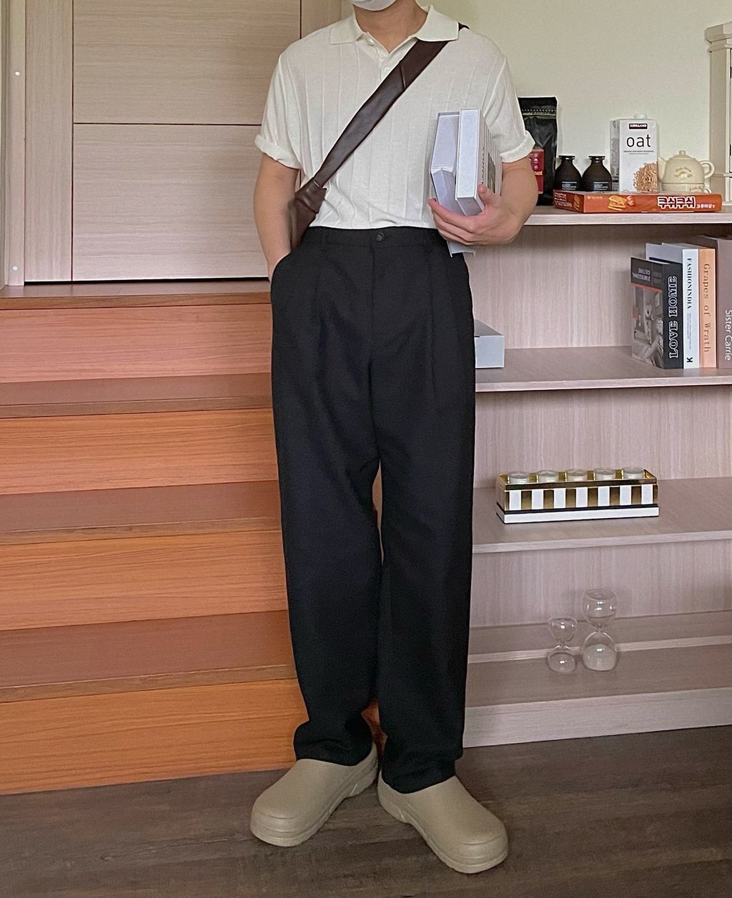 OPPAKOREA 後鬆緊兩褶棉質微寬褲 (3色)