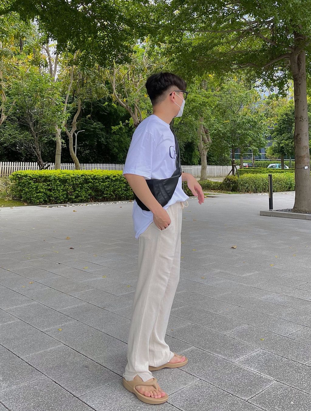 OPPAKOREA 亞麻棉綁帶開衩微寬褲 (2色)