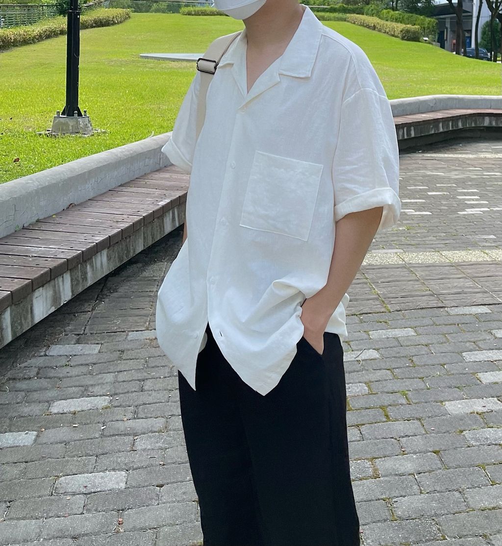 OPPAKOREA 亞麻棉開襟領短袖襯衫 (3色)