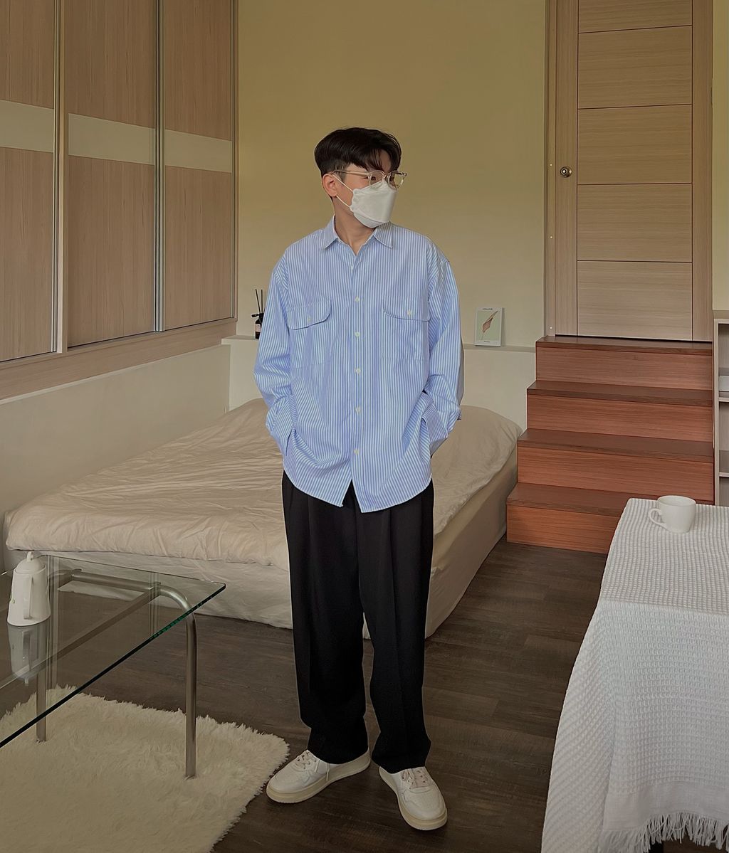 OPPAKOREA 雙口袋寬鬆條紋襯衫 (2色)