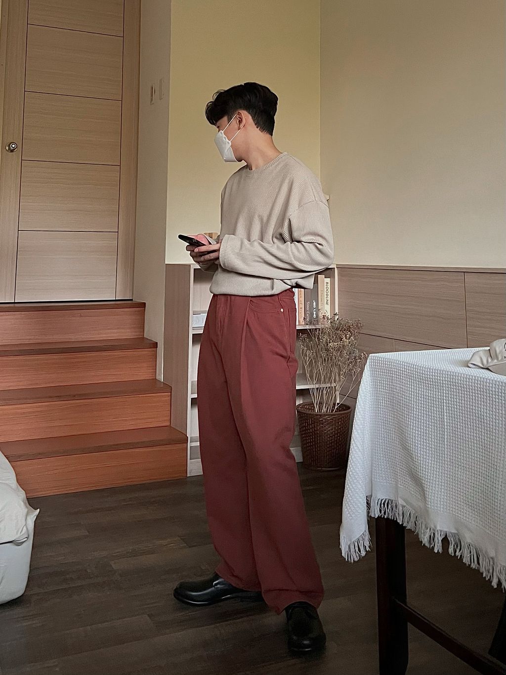OPPAKOREA 大打褶深磚紅牛仔寬褲