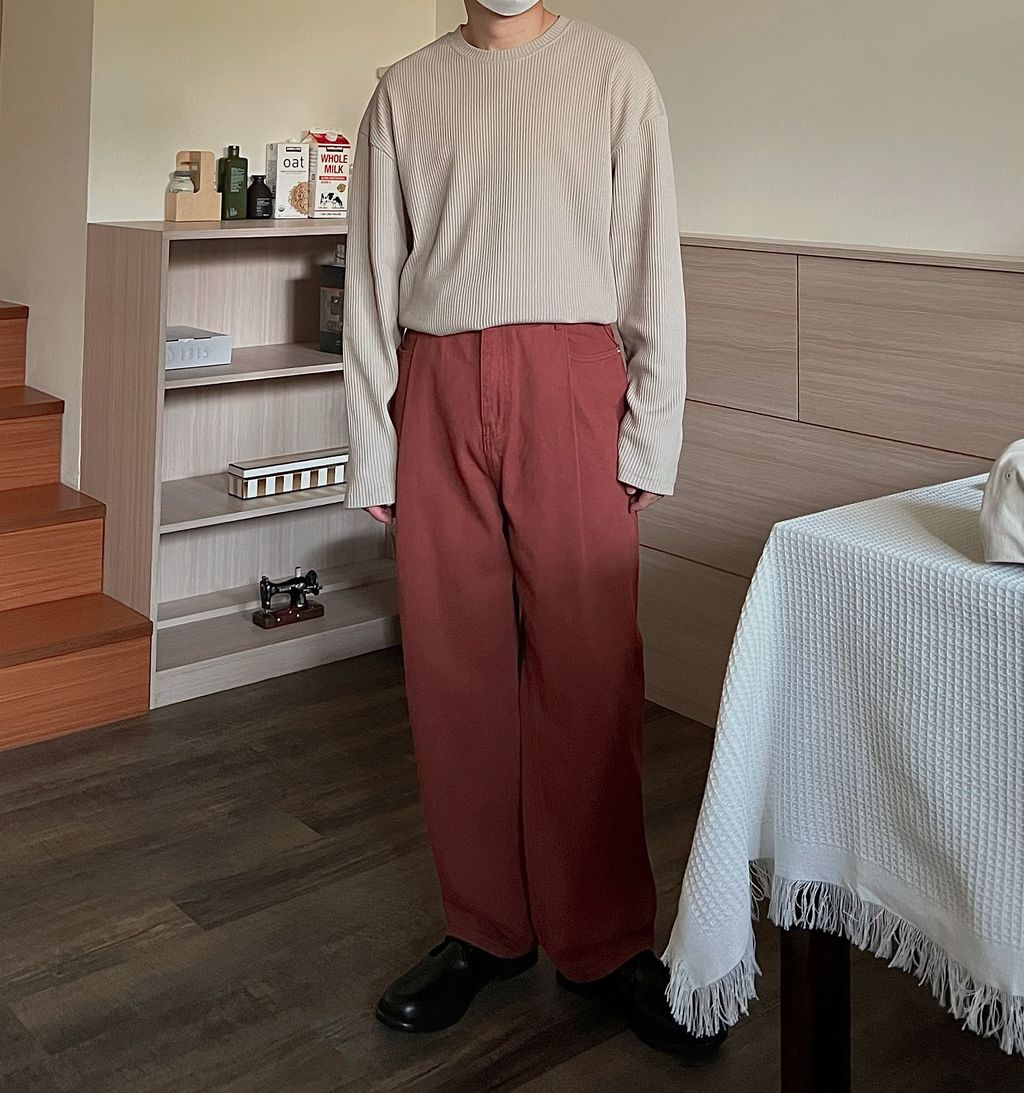 OPPAKOREA 大打褶深磚紅牛仔寬褲