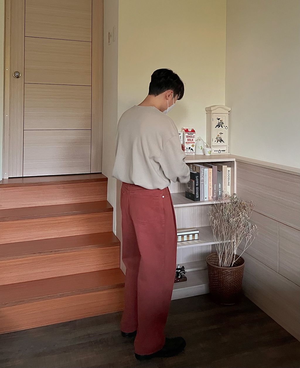 OPPAKOREA 大打褶深磚紅牛仔寬褲