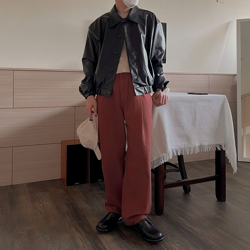 OPPAKOREA 大打褶深磚紅牛仔寬褲