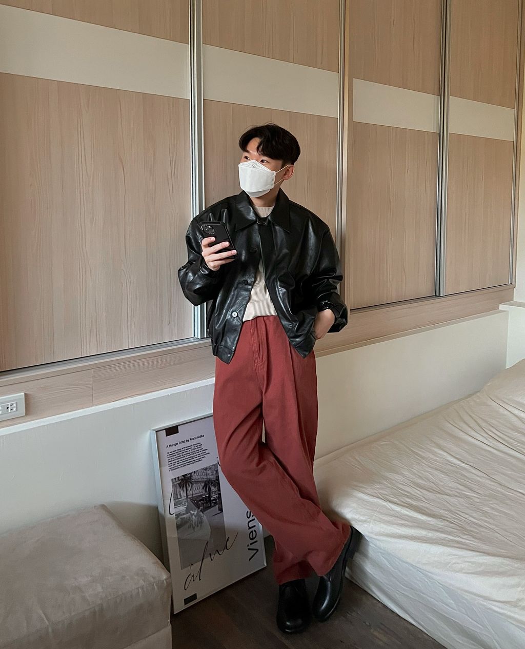 OPPAKOREA 大打褶深磚紅牛仔寬褲